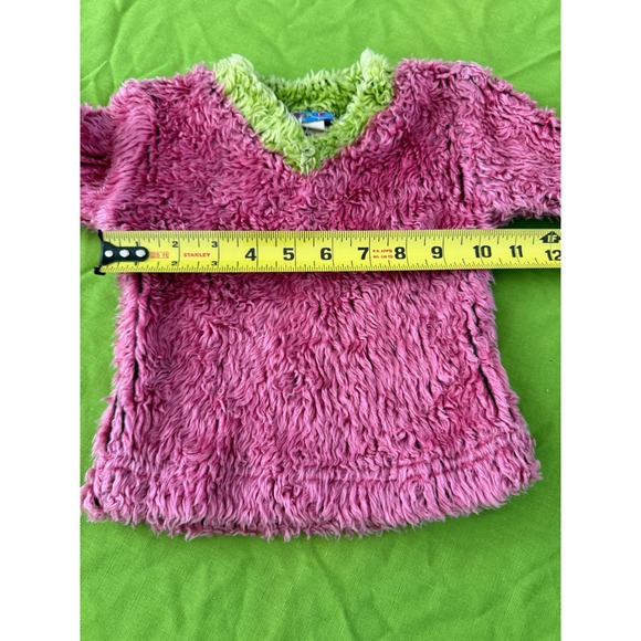 Vintage Woogie Fuzzy Shaggy Fleece Sweater Pink Lime Green V-Neck Kids 12M - Picture 5 of 7